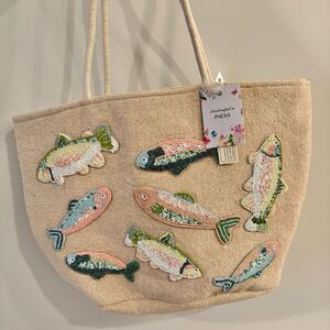 Handmade in India Fish Beaded Beach Tote Bag NWT